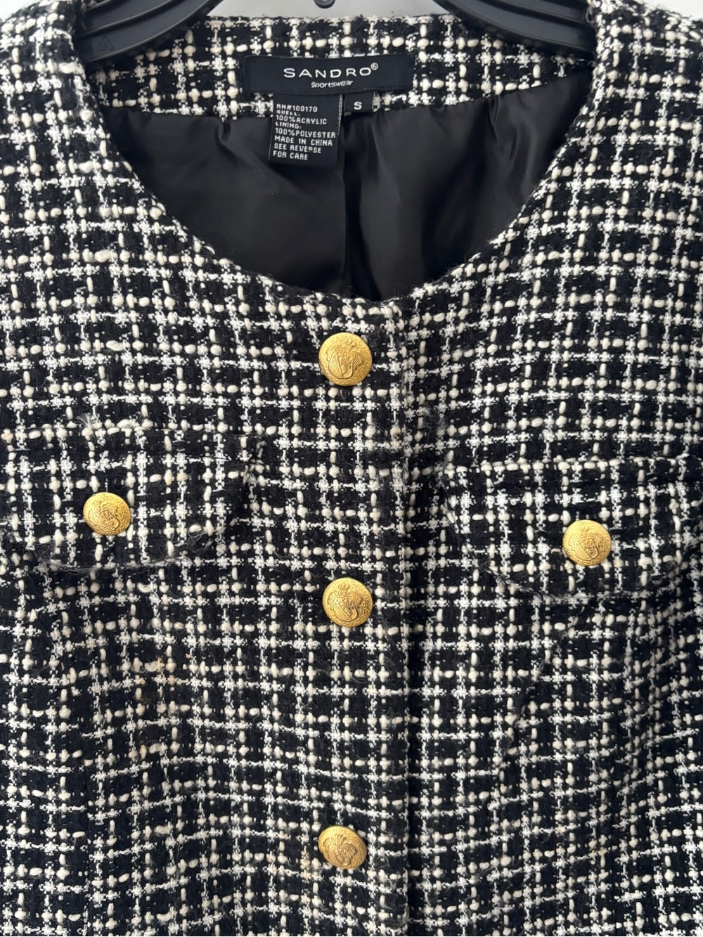 Sandro Bouclé Tweed Lady Jacket Gold Button Black White Size S Old Money Preppy - Picture 3 of 8